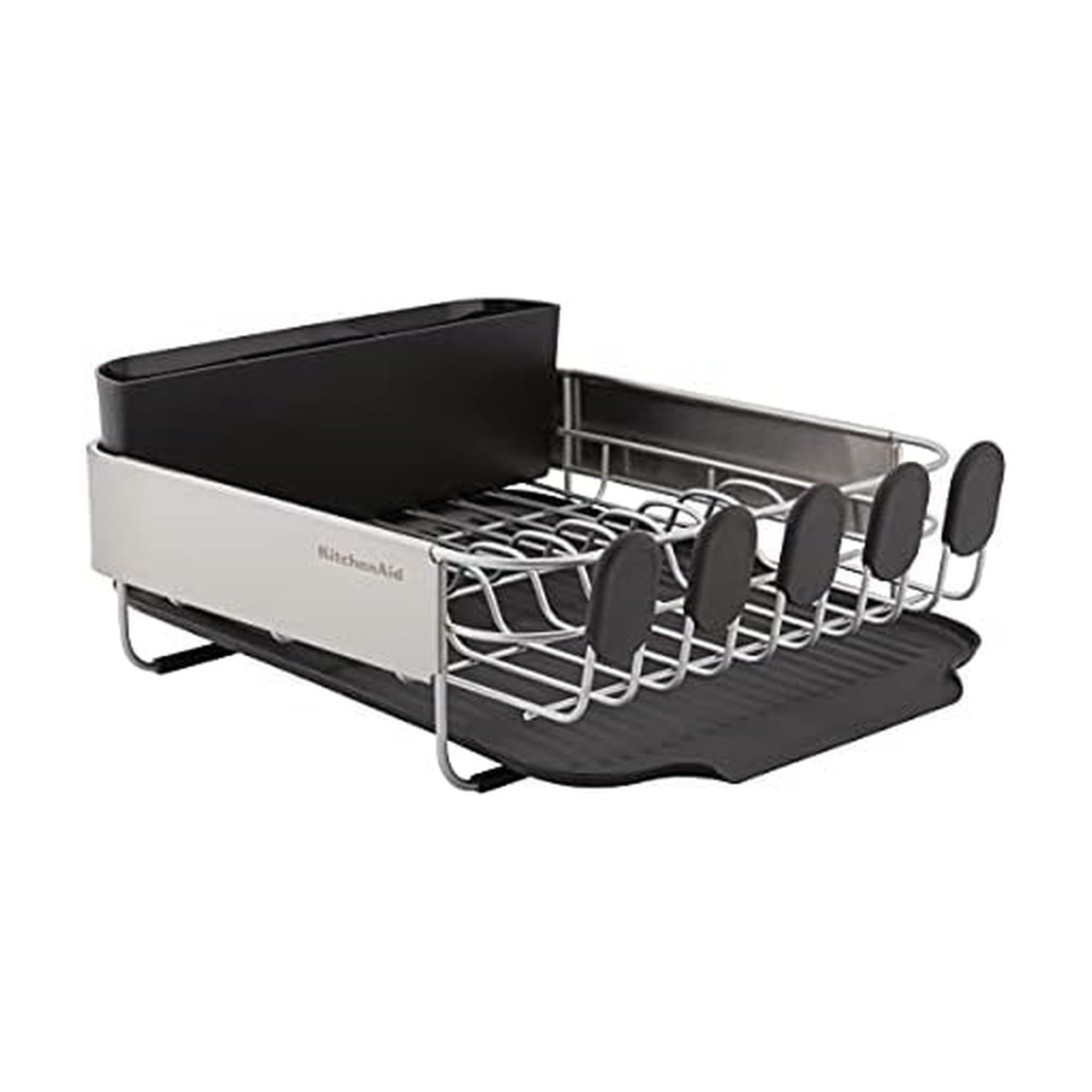 KitchenAid Compact, Space Saving Rust Resistant Dish Rack with Removable Flatware Caddy and Angled Self Draining Drainboard, 16.06-Inch, Black