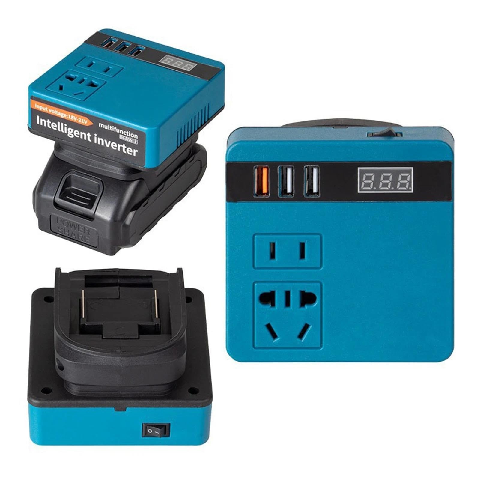 Inversor Inversor De Batería Litio De 120W Banco De Energía De 18V 21V A 110V 220V Transformador Inteligente Multifunción Uso Doméstico Exterior Onda sinusoidal modificada(Azul)