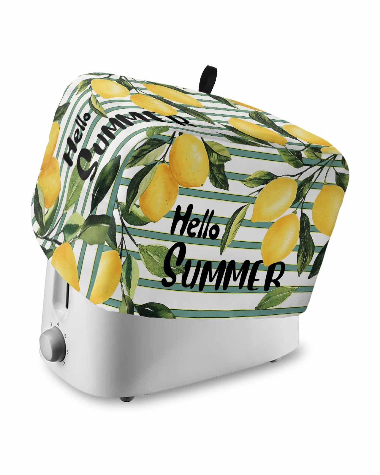 Hello Summer Toaster Cover 2 Slice, Lemon Green Botanical Watercolor Striped Dustproof Bread Machine Oven Cover with Storage Pockets, Fits Most Kitchen Toasters Protector