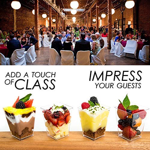 Dlux 100 X 5 Oz Mini Dessert Cups With Spoons, Square Large - Clear Plastic Parfait Appetizer Cup - Small Reusable Serving Bowl For Tasting Party Desserts Appetizers - With Recipe Ebook #TOP5