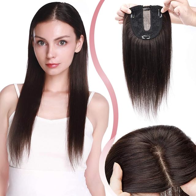 Hair Toppers for Thinning Hair Women Real Hair - MIDDLE SILK BASE (2.5*9cm) Clip in Toupee Crown Hair Piece (#02 Dark Brown, 10 Inch)