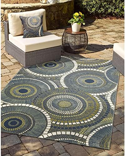 Liora Manne Marina Indoor/Outdoor Power Loomed Easy Care Pillow - Contemporary Geometric Casual Accent (Circles Azure) (18" x 18")