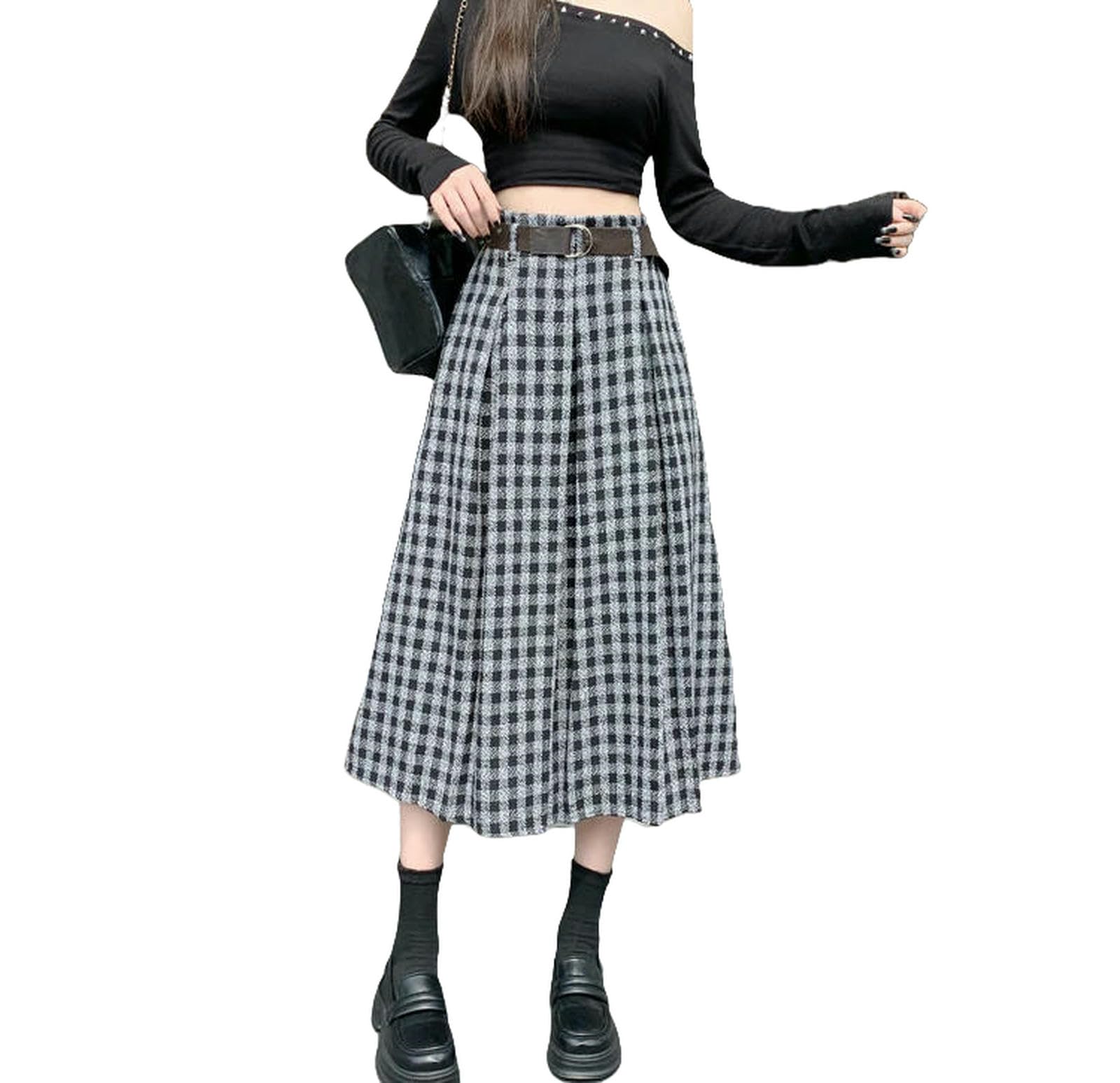 Gonna Lunga Gonne A Trapezio da Donna Vintage Autunno Inverno con Cintura Vita Alta, Larghe Casual Ombrello-Nero-l