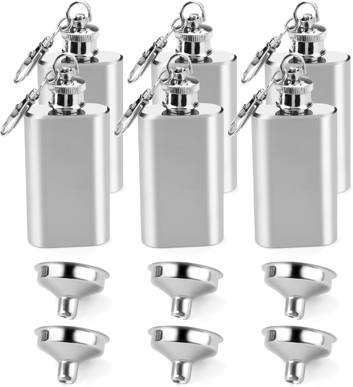 6 Pieces 2oz/50 ML Stainless Steel Mini Flask Keychain, Leak-proof Thin Pocket Whiskey Flask, Portable Small Hidden Wine Bottle for Men Women Wedding Party Gift Outdoor Activities (6 Pieces)