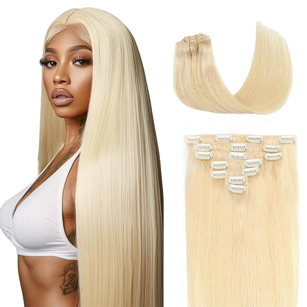Photo 1 of #613 Blonde Clip in Human Hair Extensions 20 Inch Blonde Straight Clip in Seamless Extensions Human Hair Skin Weft Seamless Invisible Unprocessed Brazilian Virgin Remy Hair 120g