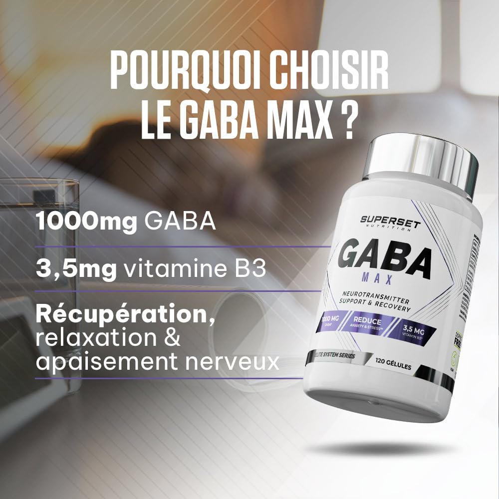 Superset Nutrition - Gaba Max (120 capsules végétales) - Favorise un sommeil réparateur et aide à améliorer la récupération musculaire - 1000 mg de GABA par gélule