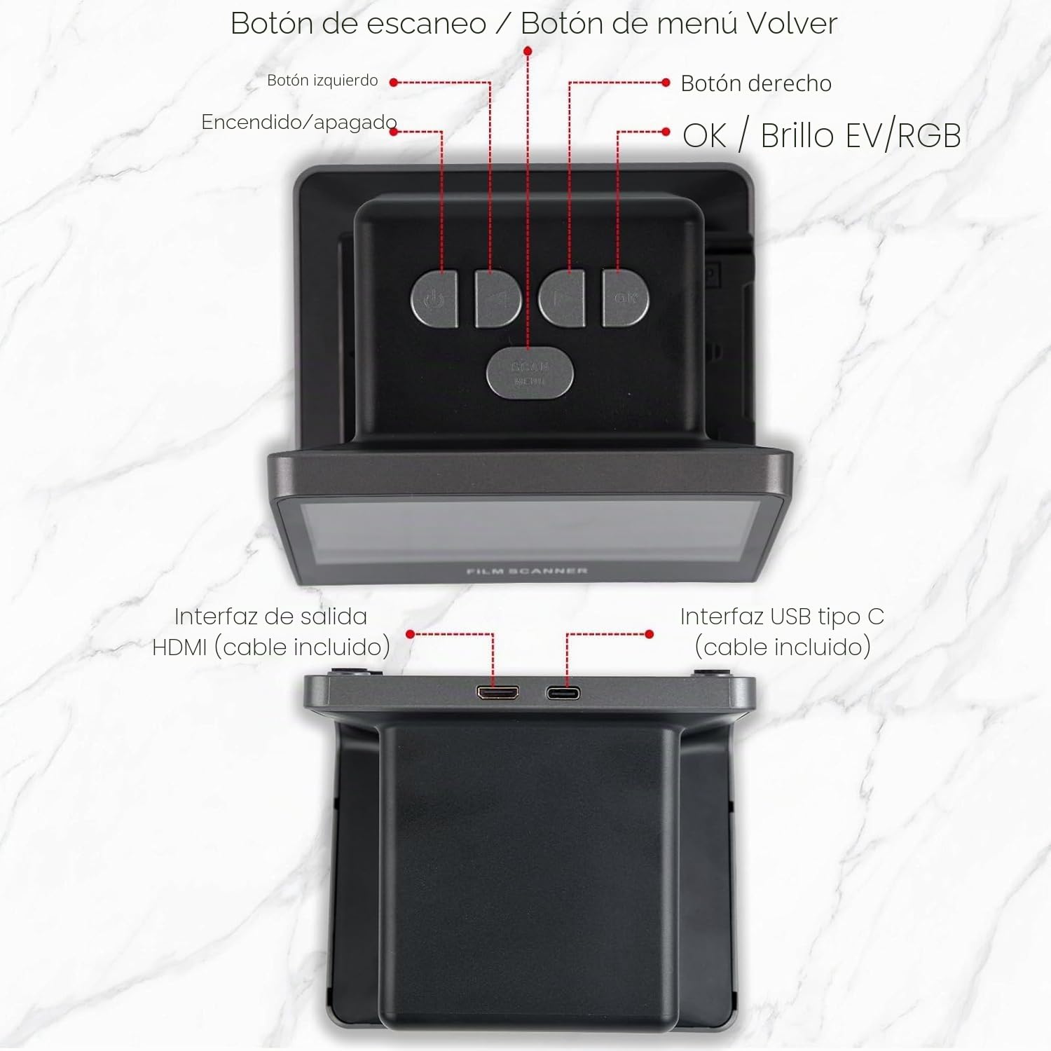 22MP Escáner Digital de Película y Diapositivas con Gran Pantalla LCD de 5 Pulgadas- Escaner Negativos Convierta Negativos y Diapositivas de 35 mm, 126 y 110 en Fotos Digitales JPEG de Alta Resolución