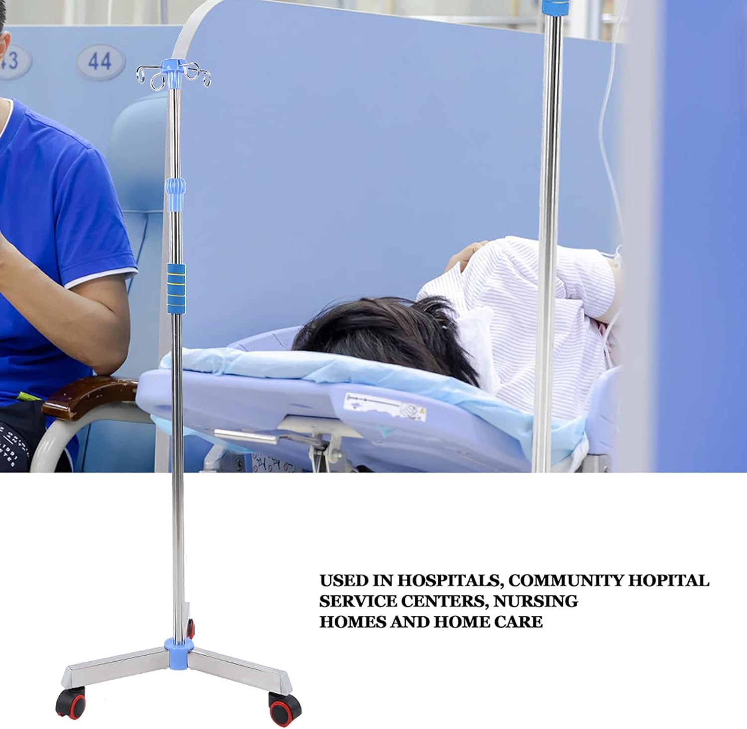 Przenośny, ruchomy stojak na kroplówki z 3 kółkami i 4 hakami, regulowana wysokość, medyczny stojak na kroplówki ze stali nierdzewnej, stojak na kroplówki do szpitala i kliniki