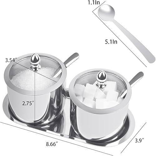Miniatura 6 de Azucarero de acero inoxidable con tapa cuchara y bandeja, cuenco de azúcar brillante pulido, para servir azúcar, adecuado para el hogar y la cocina,
