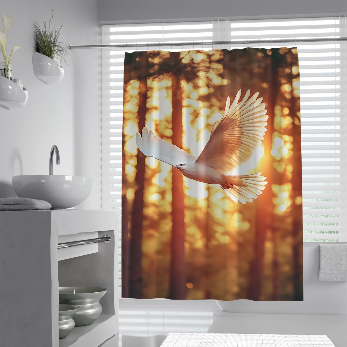 UIRINGART Flying Eagle Shower Curtain W200xL240cm Easy Clean Mildew Resistant White Bird Forest Trees Wildlife Fabric Bathroom Screen Rustproof Grommets Tub Liners