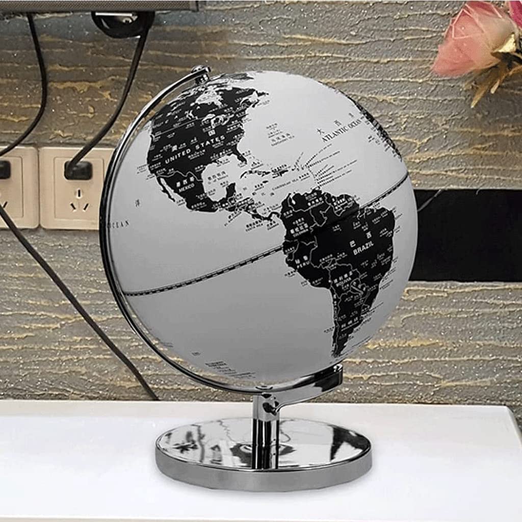 HRTC Globo Elegante clásico más Nuevo con Soporte de Base de Metal Cromado Globo Blanco y Negro iluminación Led Globo terráqueo para Oficina en casa 9,8" Libro de Texto práctico