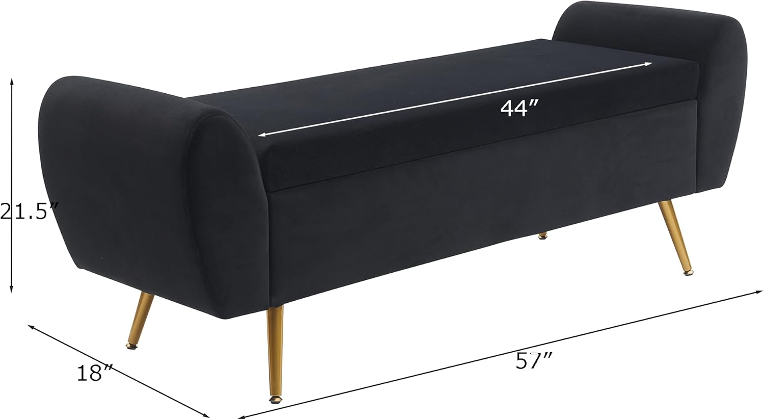 Velvet Storage Bench for Bedroom, 57" Long Bench for King Size Bed, Modern Upholstered End of Bed Ottoman Bench with Arms and Gold Legs for Entryway Living Room (Black) Velvet-black