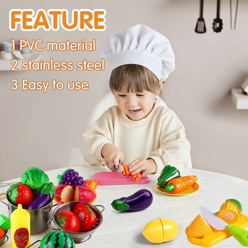 Juguetes de Cocina para niños, 31 Piezas Juguetes de Chef para Niños, Cocina de Acero , Vegetales para Cortar, Delantal y Gorro De Cocinero, Cortadores de Galletas, Rodillo para niños