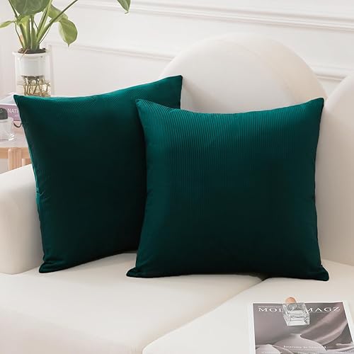 JIAHANNHA Juego de 2 fundas de almohada de terciopelo verde azulado de 20 x 20 pulgadas, fundas de cojín cuadradas con diseño de rayas suaves y