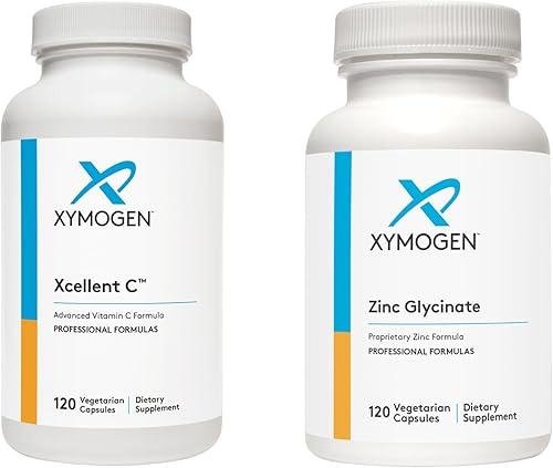 XYMOGEN Suplemento de vitamina C X&C (120 cápsulas) + glicinato de zinc (120 cápsulas) – Alta dosis de vitamina C con antioxidantes de zinc quelado