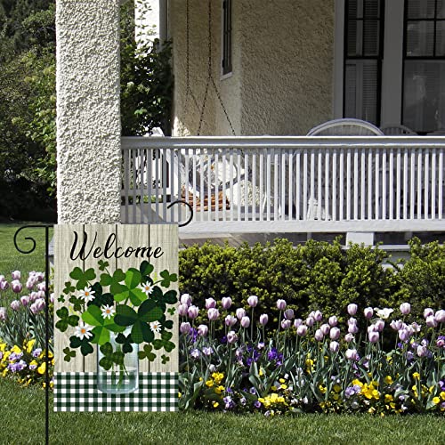 Heyfibro Welcome St Patrick's Day Garden Flag 12 X 18 Inch Double Sided With Vase Shamrocks Pattern Burlap Checkered Holiday House Yard Flag St. Patrick's Sign For Spring Outdoor Decoration(Only Flag) #TOP6