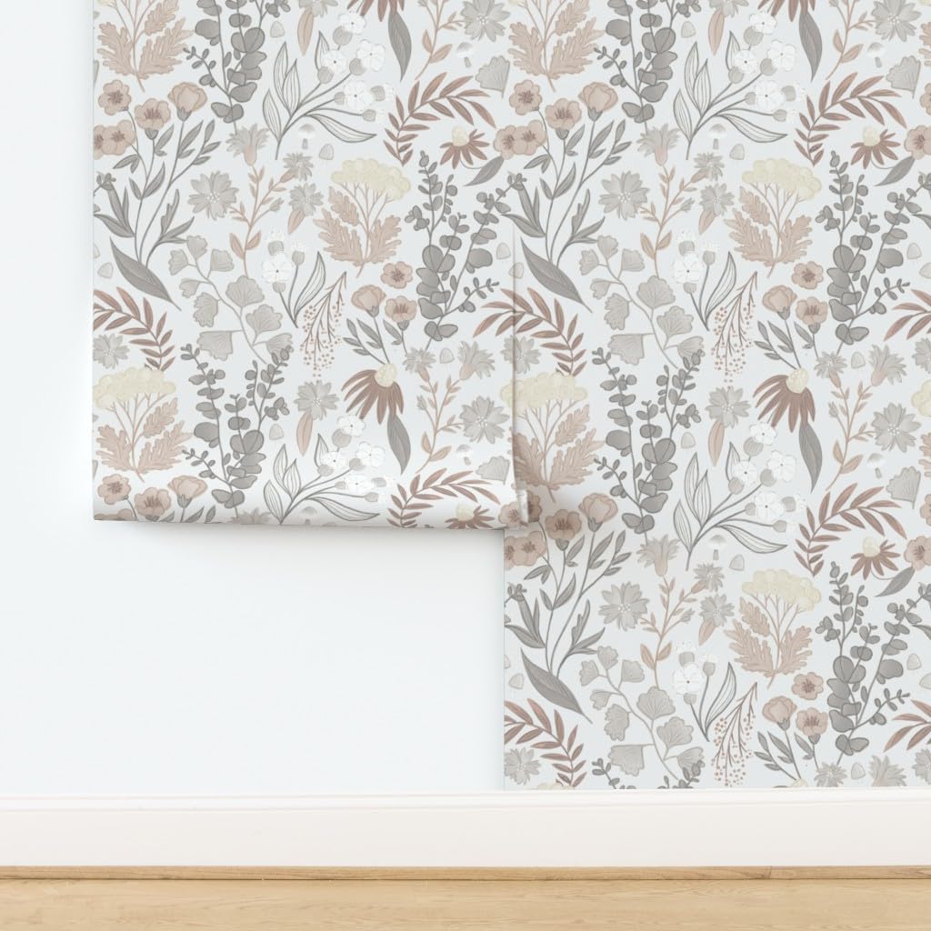 Spoonflower Peel & Stick Wallpaper 6ft x 2ft - Pretty Neutral Flowers Eucalyptus Floral Pastel Custom Removable Wallpaper