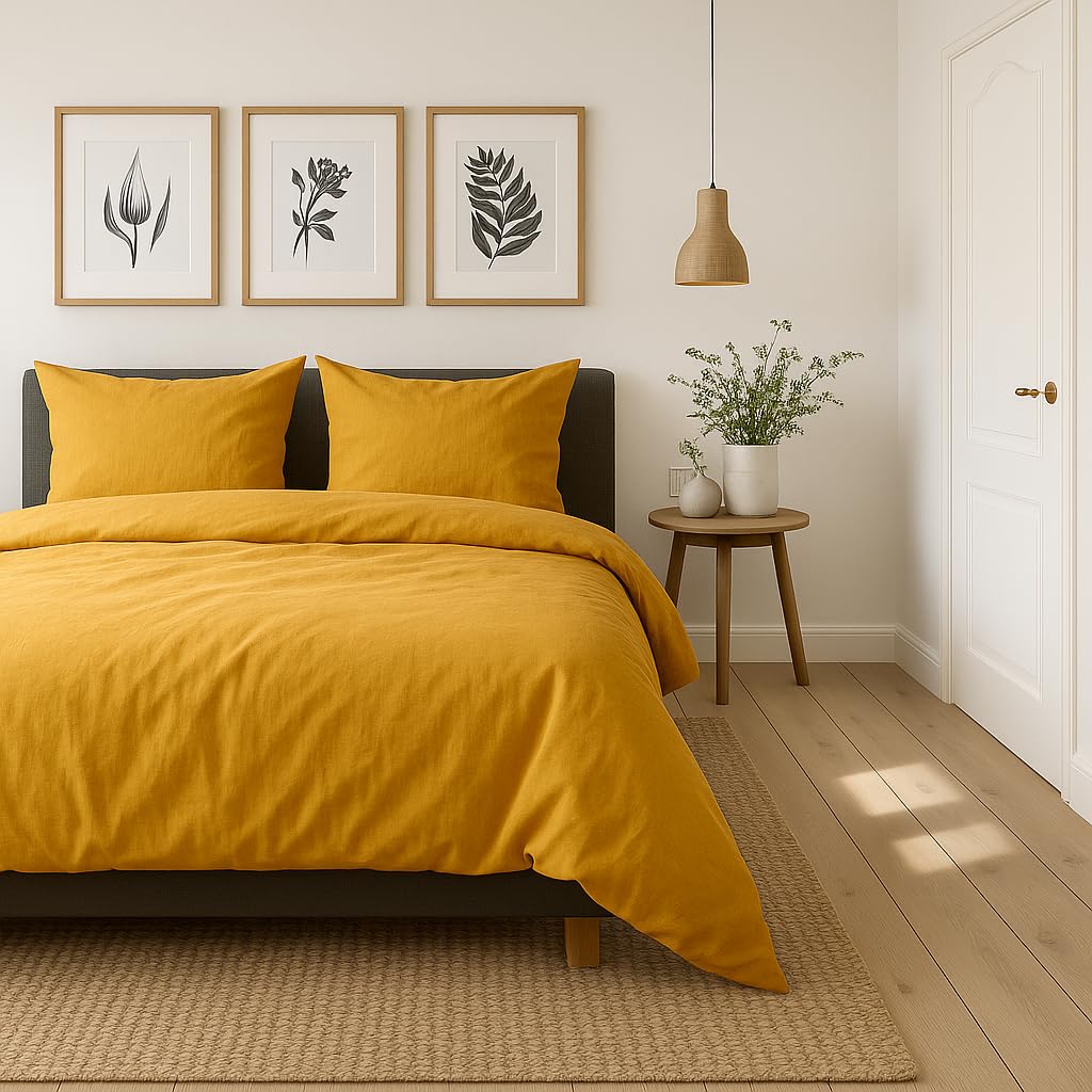 VelvetHome Komplet Pościeli 155x220cm 100% Bawełna Pościel 155x220 + Poszewka 80x80 cm Wysoka Jakość Pościel z zamkiem błyskawicznym Kolor Musztardy 155 x 220