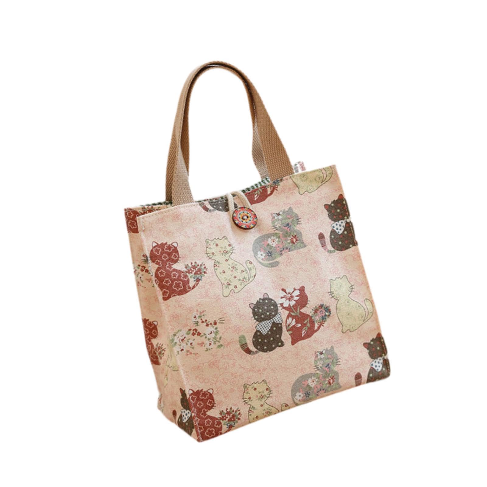 Baoblaze Canvas Tote Bag, Reusable Grocery Bag Vintage Stylish Design Travel Handbags Lightweight Lunch Bags with Interior Pocket for Shopping Picnic Beach Travel and Daily Use, Pink Cat
