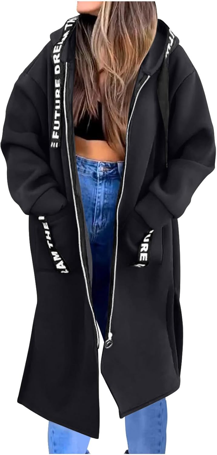 Women Oversize Length Hoodies Full Zip Up Long Sleeve Sweatshirts Loose Fit Fall Winter Warm Jackets with Front Pockets
