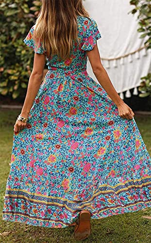 Zesica Women's 2023 Bohemian Floral Printed Wrap V Neck Short Sleeve Split Beach Party Maxi Dress,Green,Medium #TOP3