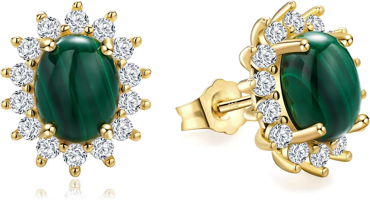 AIBAO Genuine Turquoise/Malachite Stud Earrings for Women Sterling Silver Princess Diana Class Oval Gemstone Halo Earrings Western Jewelry Anniversary Christmas Gift