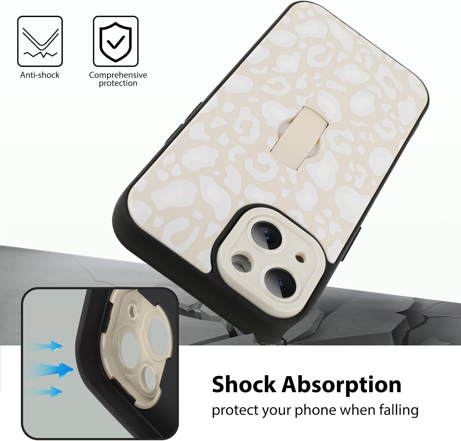 KANGHAR for iPhone 14 Case White Leopard Print Pattern Cute Cheetah Wristband Stand Phone Cover for Women Girls Men Shockproof Slim Protective Cover for iPhone 14 6.1 Inch - Image 4