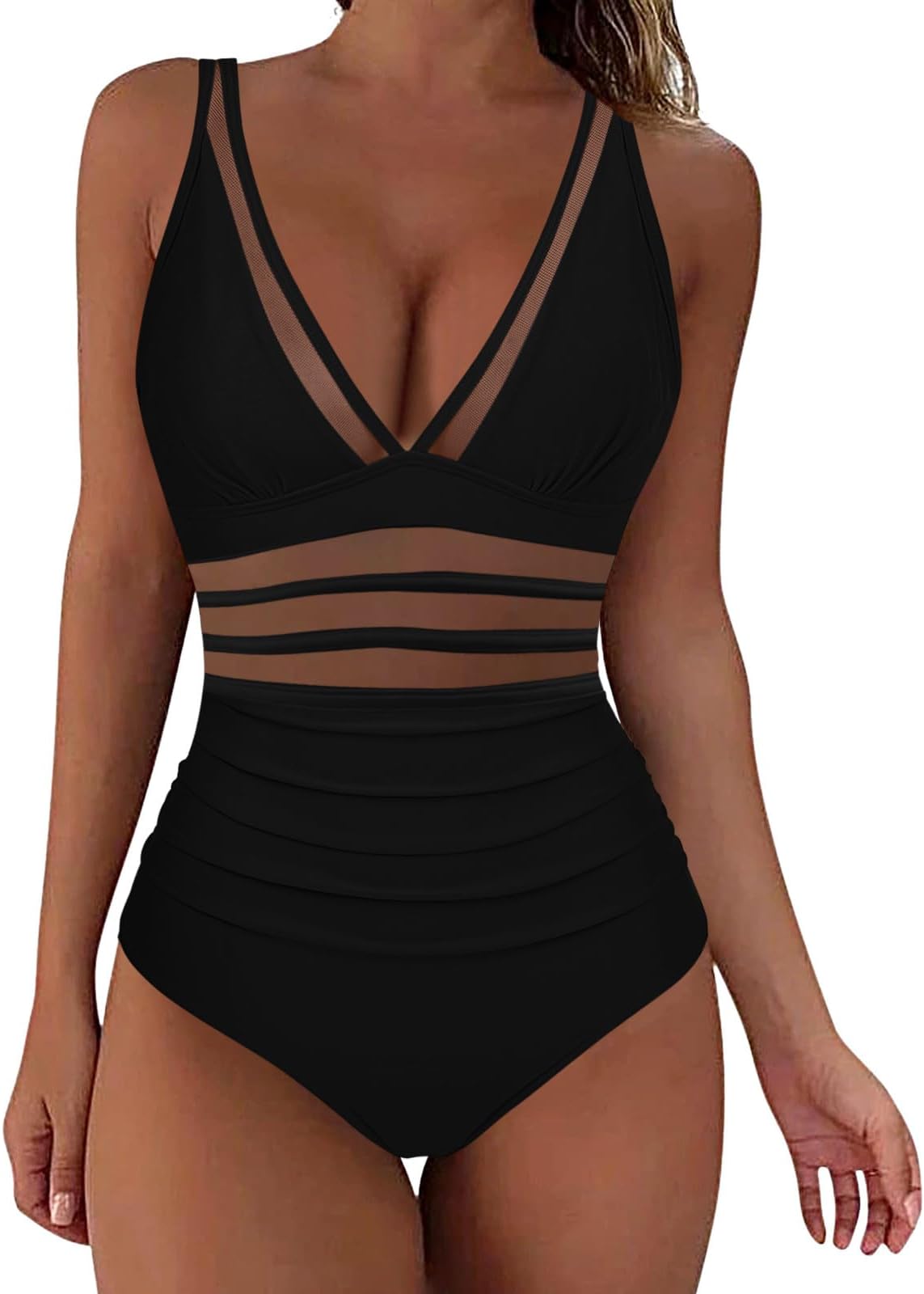 Celucke Swimsuits for Women, Women Mesh 1 Piece Swimwear Push Up Padded Bikini Swimsuit Training Athletic Swimwear Sport Shirred Tank Swimwear Vintage Bathing Suits Cotton Shorts Swimsuit Swimwear