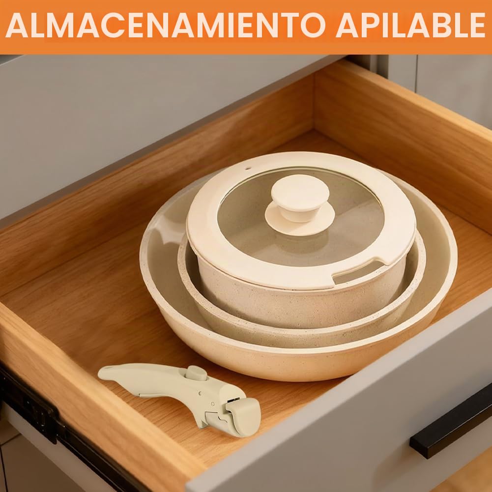 Juego de ollas de cerámica de 16/18/20 cm con mango extraíble y tapa 3 en 1, olla antiadherente de inducción para todo tipo de cocinas, apta para horno, apta para lavavajillas, juego de ollas que