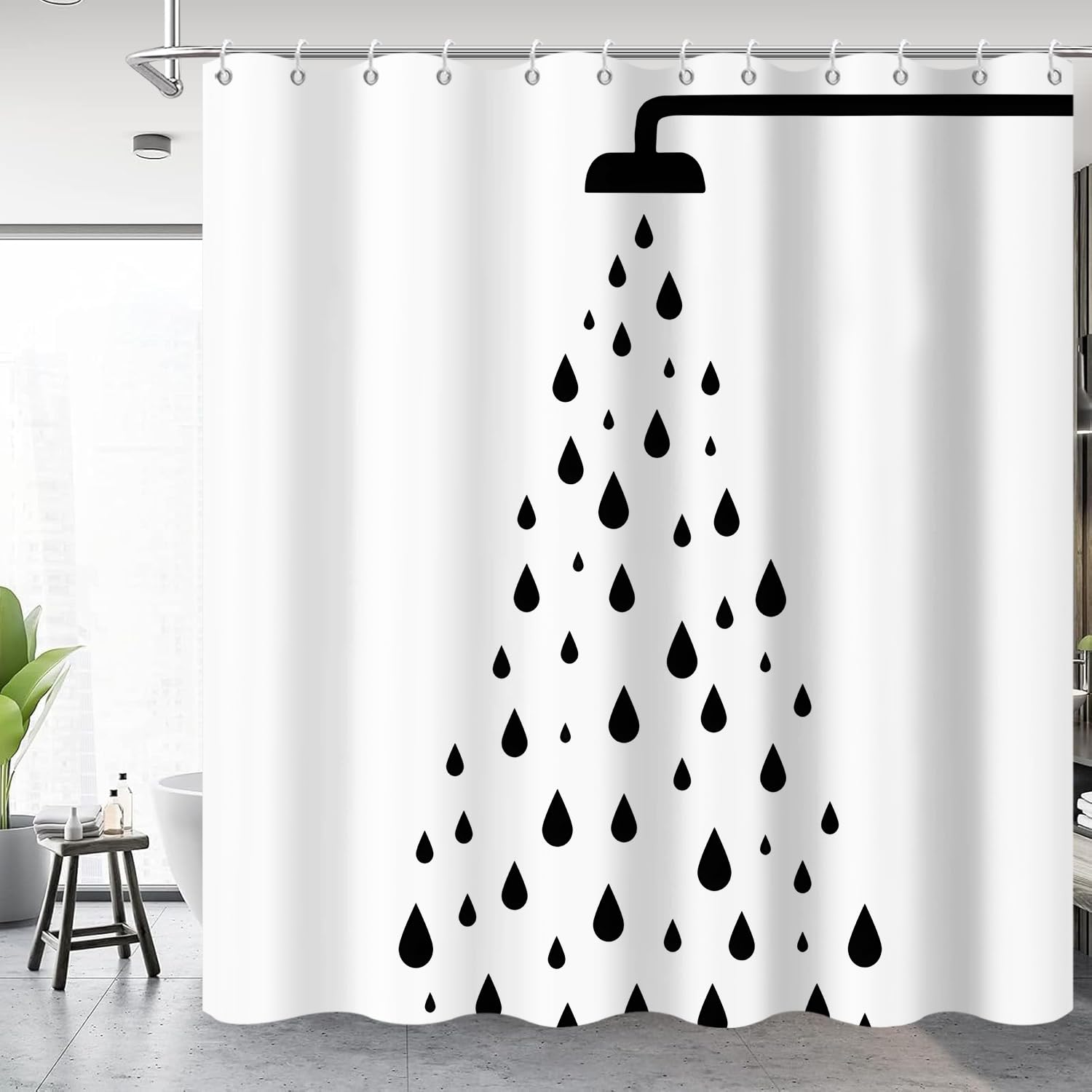 GCIREC Shower Curtain, 150x180cm, White Black Modern Funny Shower Head and Water Drop Waterproof & Mould-Resistant Fabric Bathroom Curtain Machine Washable with Hooks — image 1
