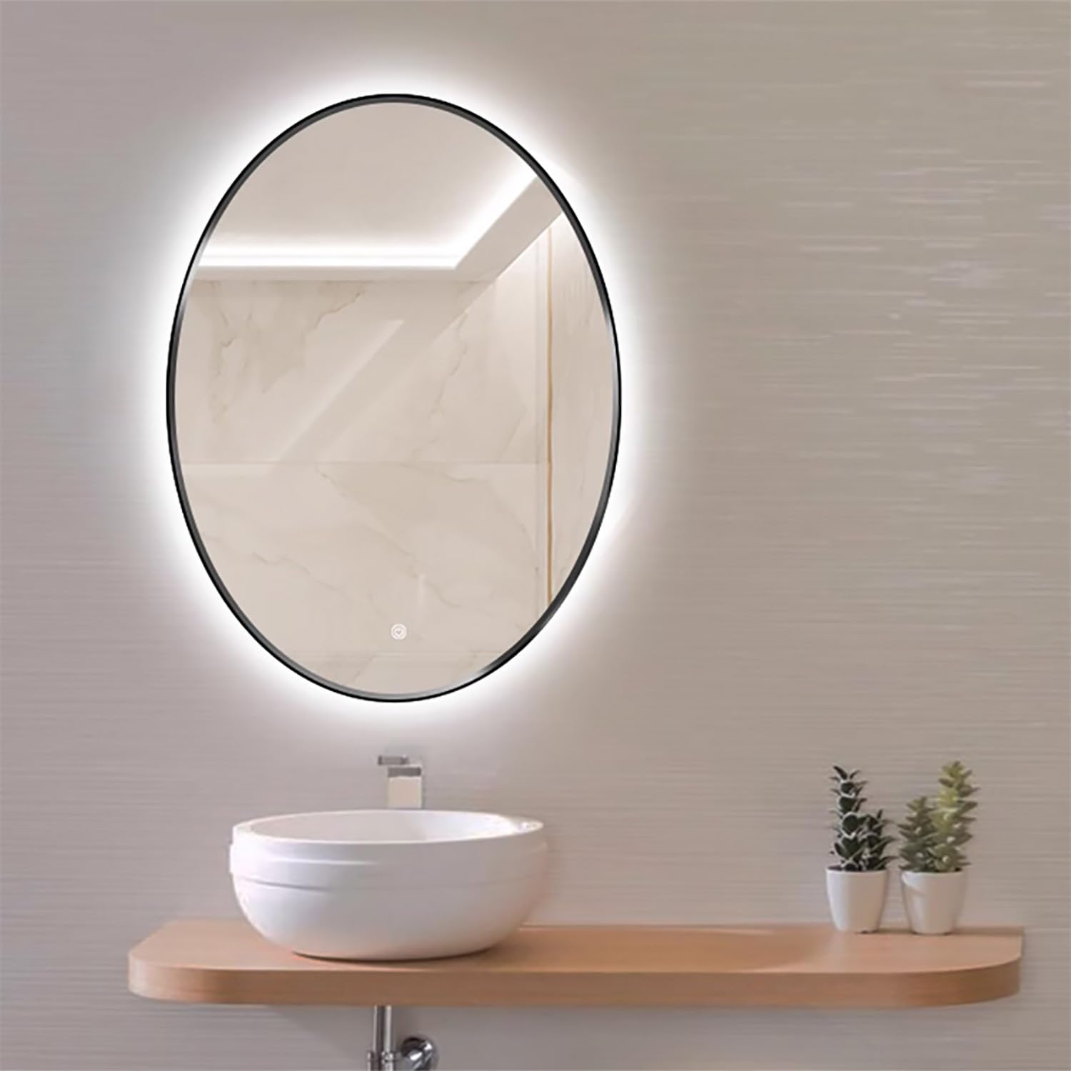 Miroir de salle de bain ovale à LED tactile intensité variable et fonction antibuée