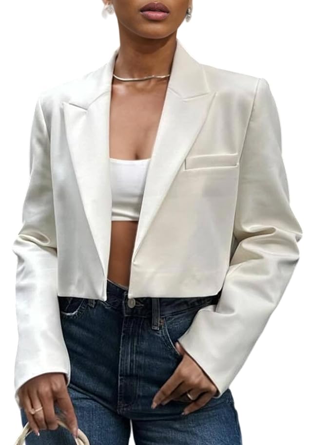 LETSVDO Womens Cropped Blazer Long Sleeve Open Front Lapel Collared Stretch Casual Business Suit Jacket