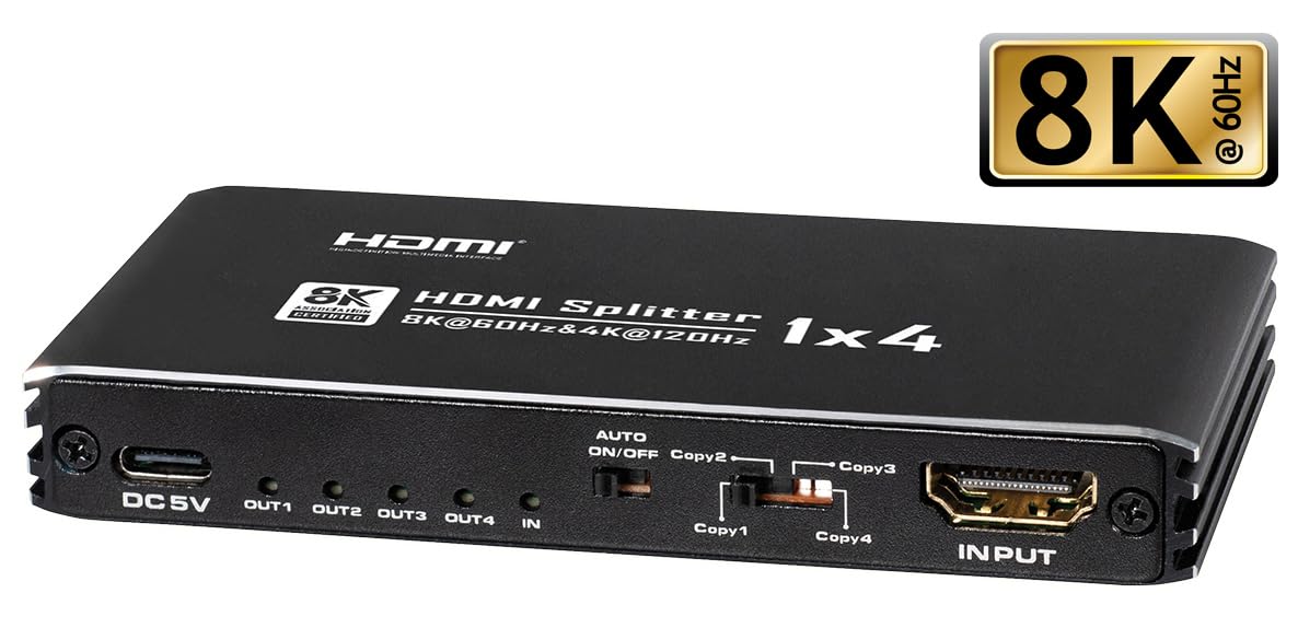 MAXTRACK Splitter HDMI 8K 1in4out - CS26-4L, switch HDMI con gestione intelligente EDID, 8K@60Hz, 4K@120Hz, HDR10+, Dolby TrueHD, Plug & Play, adattatore HDMI per 4 monitor o TV