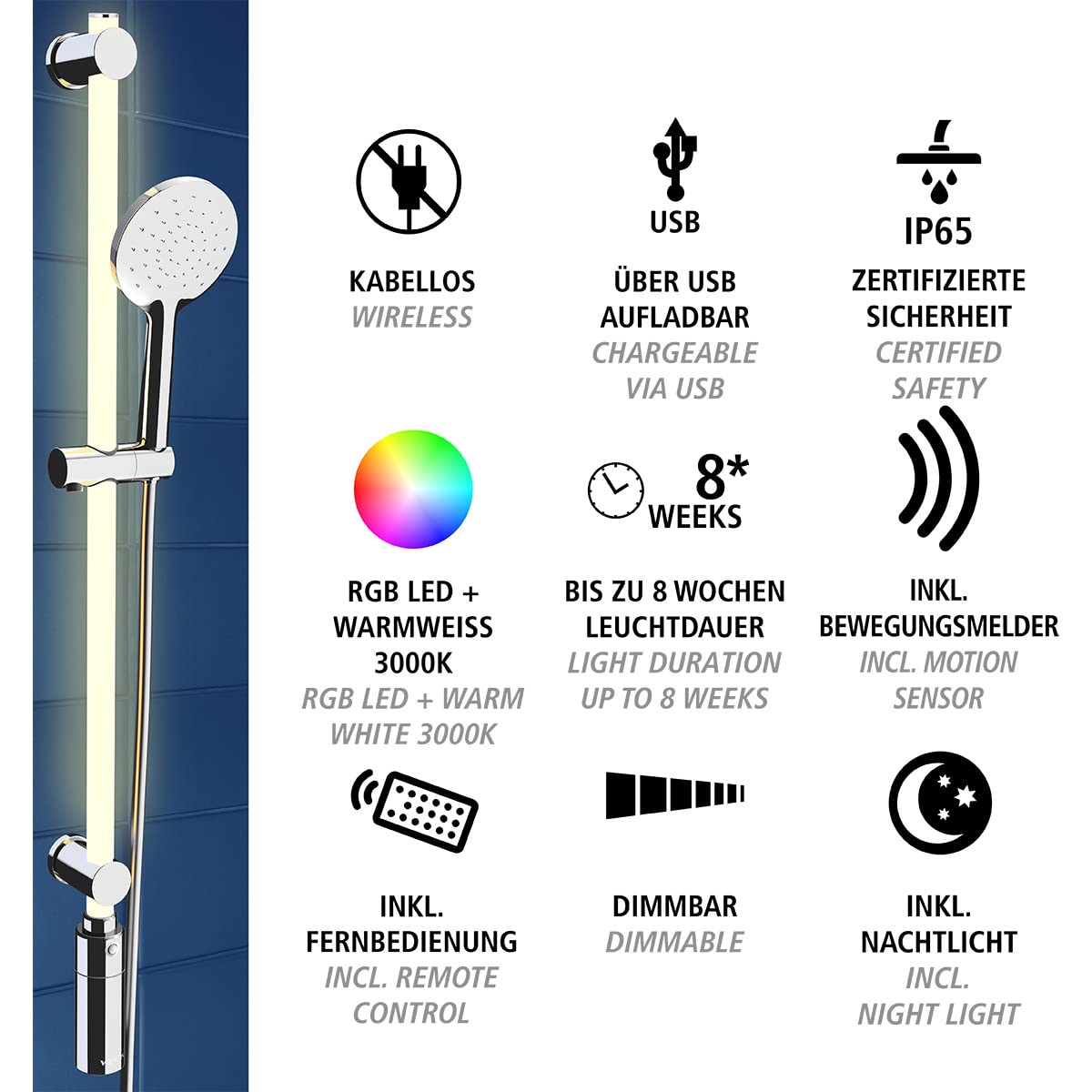Wenko Set Asta Doccia a Led Illuminata, a Risparmio Energetico, Dimmerabile con Modalità di Cambio Colore, Niente Più Soffione Doccia e Flessibile Doccia Calcare, Fissaggio Senza Fori