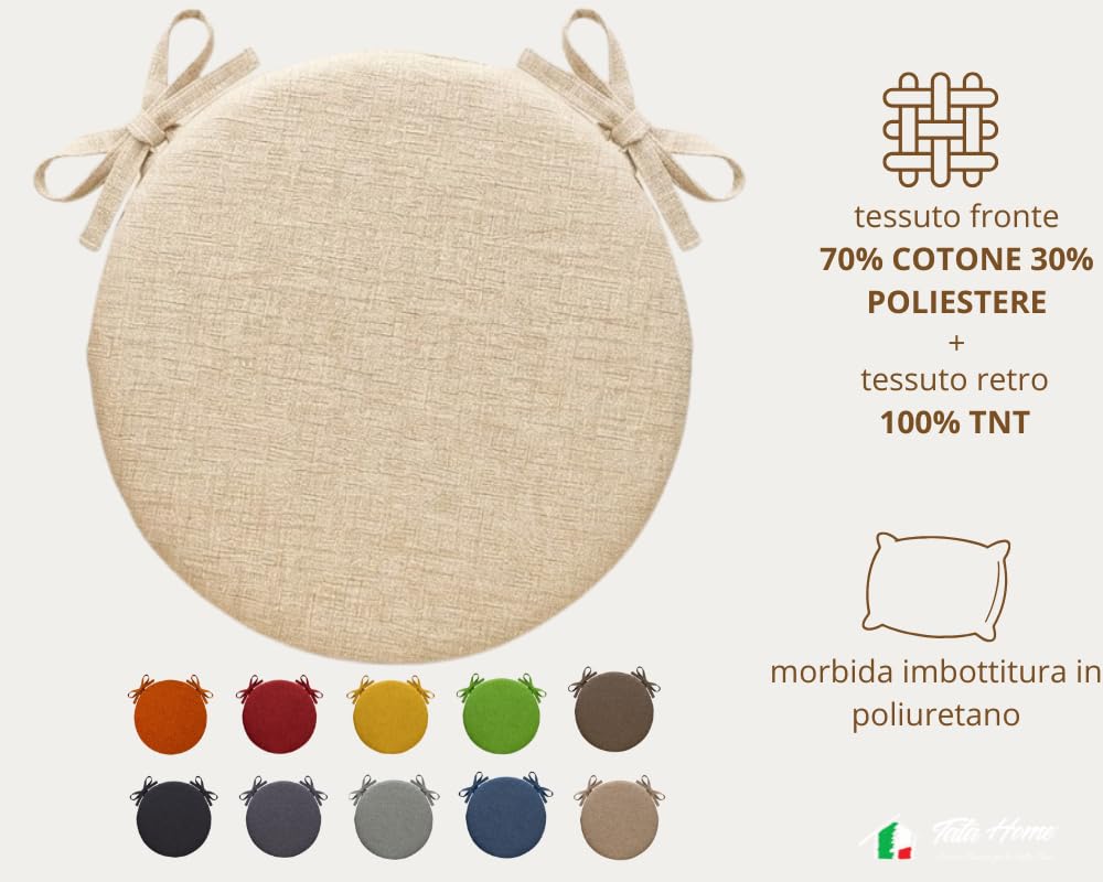 Tata Home Set 4 Cuscini Sedia Rotondi con Laccetti Diametro 40 cm Spessore 3 cm Mod. Billy Colore Panna