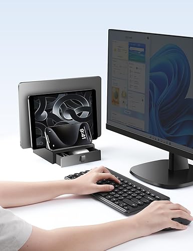 Miniatura 7 de Vaydeer Soporte vertical para laptop con cajón, soporte de plástico de doble ranura para portátil con diseño 4 en 1 que ahorra espacio, soporte