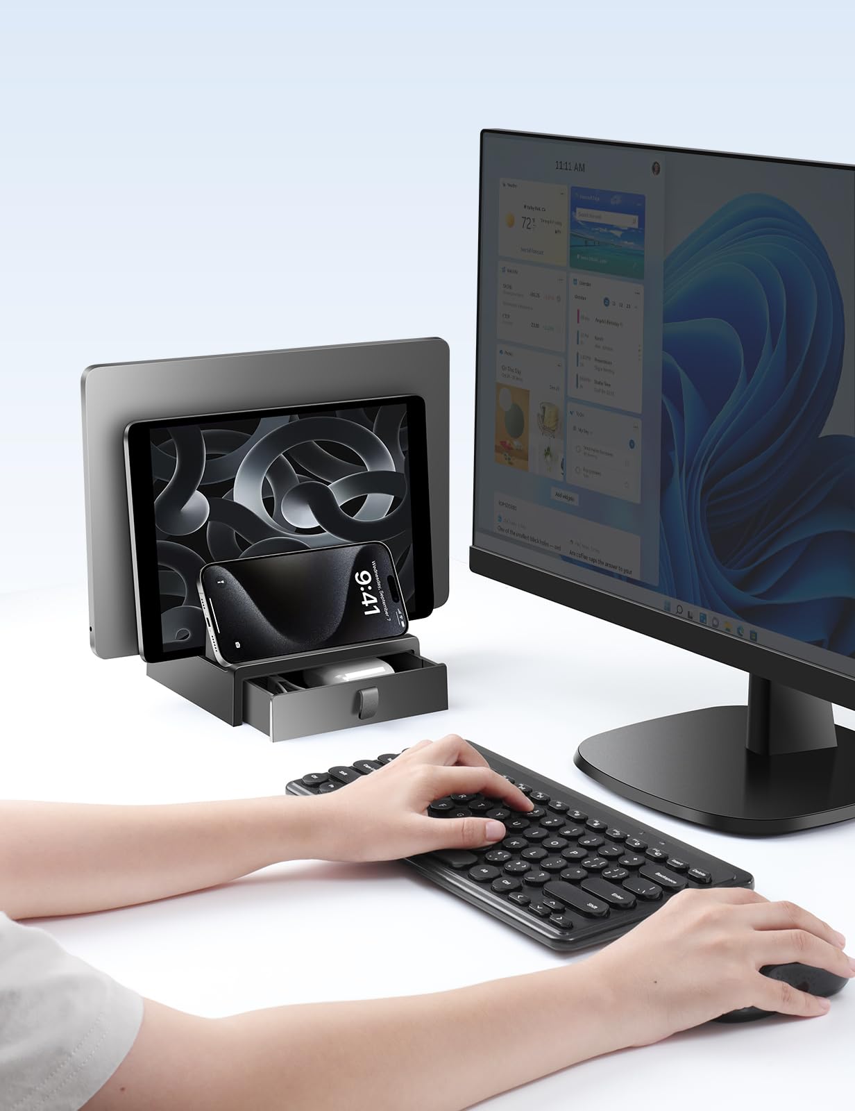 Soporte vertical para laptop con cajón, soporte de plástico de doble ranura para laptop con diseño 4 en 1 que ahorra espacio, soporte ajustable para computadora portátil, compatible con 7