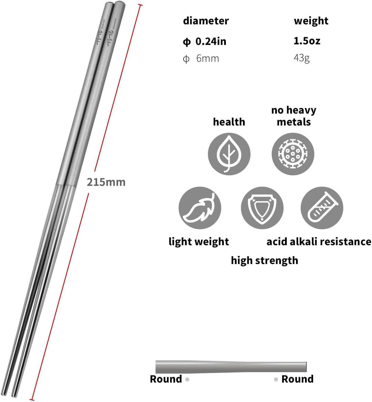 TiTo Solid Titanium Chopsticks for Camping Picnic and Hiking Reusable Lightweight Outdoor Tableware 1 Pairs (6x215mm) image 2