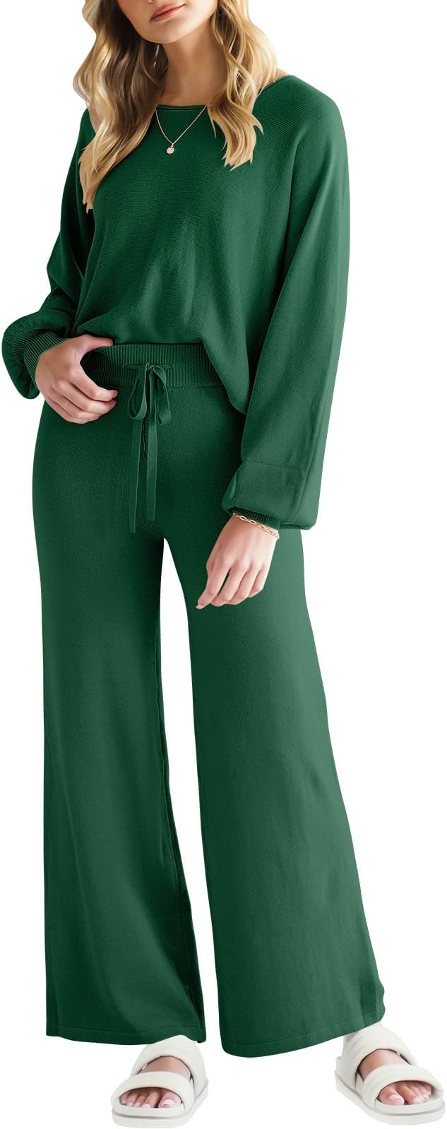 ANRABESS Women’s Two Piece Outfits Lounge Set Long Lantern Sleeve Crewneck Crop Top with Wide Leg Pants Sweater Sets