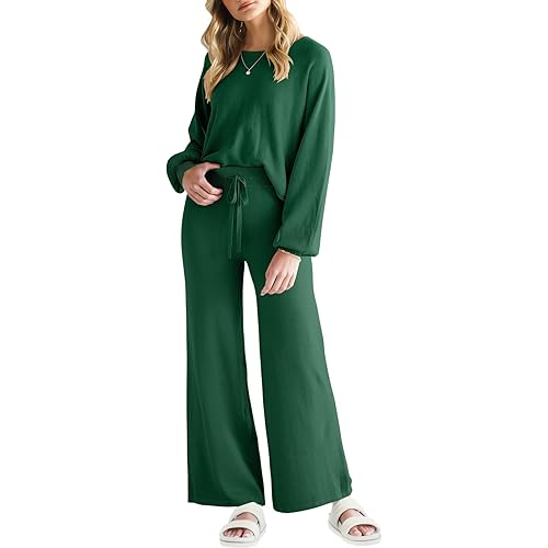 ANRABESS Women’s Two Piece Crop Top & Wide Leg Pants Lounge Sweater Sets 2024 Fall Knit Sweatsuits Cozy Trendy Outfits