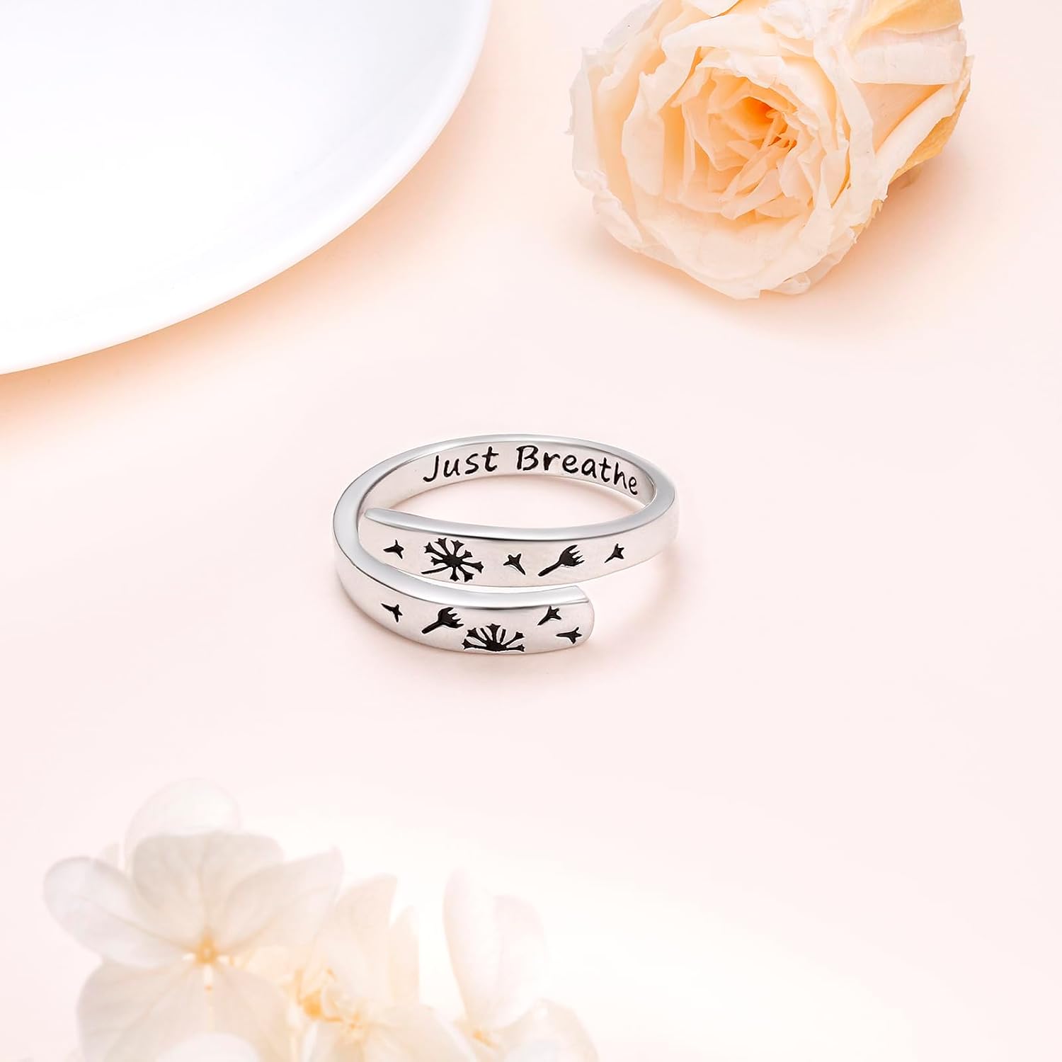 FLYOW Adjustable Dandelion Inspirational Rings 925 Sterling Silver Spiral Wrap Twist Engraved Just Breathe Ring Encouragement Jewelry for Women