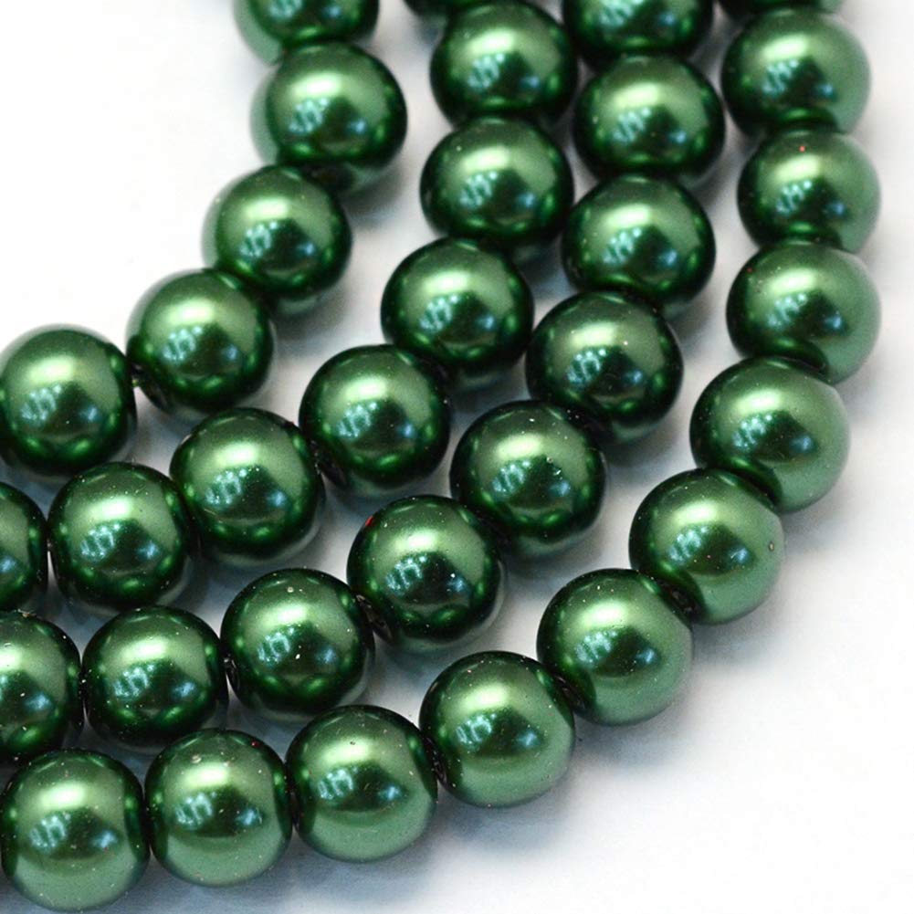 KISSITTY 105pcs/strand Dark Green Satin Luster Glass Round Pearl Beads 8mm for DIY Jewelry Craft Making 31.4"