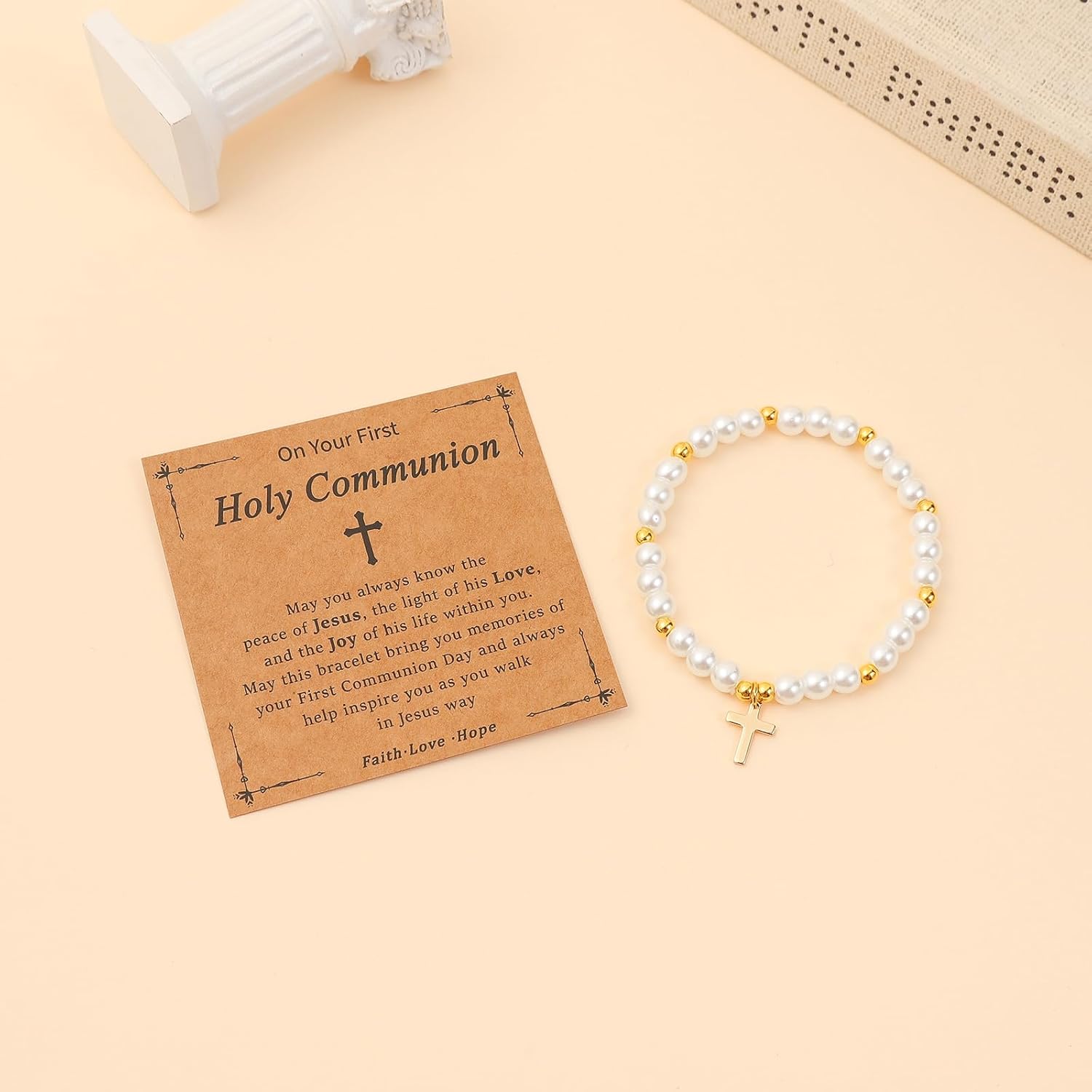 Catholic Gifts for Women, Cross Charm Pearl Bracelet Religious Baptism First Communion Confirmation Birthday Jewelry Gifts for Daughter Granddaughter Sister Niece - Image 2
