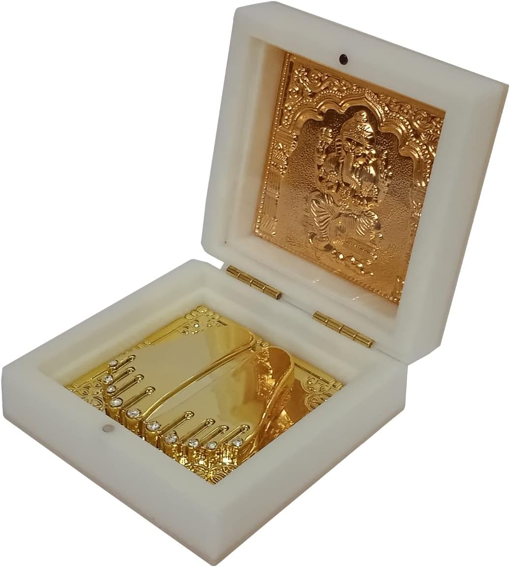 Purpledip Resin Puja Statue: Ganesha Ganapati With Golden Feet Paduka In Decorative Box For Travel Or Gifting (12394C)