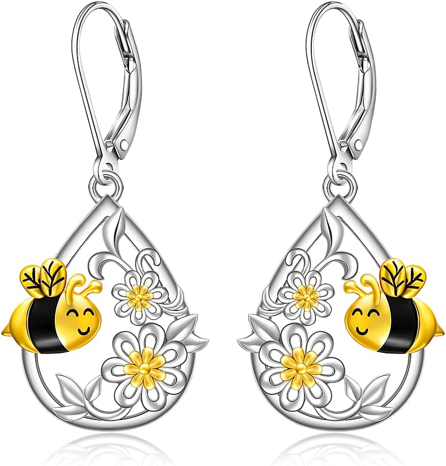 Bee Earrings for Women Dangle Sterling Silver Bumble Bee Earrings Honey Bees Queen Flower Sweet Jewelry Leverback Gifts