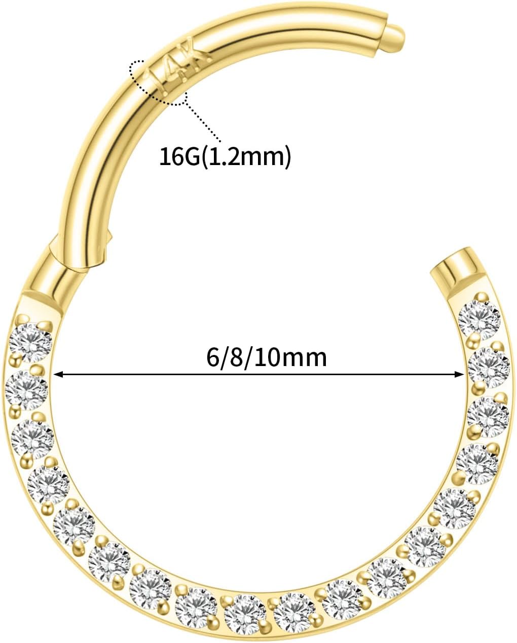 GAGABODY 16G Septum Jewelry Daith Jewelry with CZ Septum Piercing 14K Solid Gold Nose Rings 6mm Hinged Septum Ring 16g Helix Earring Ear Lobe Earring