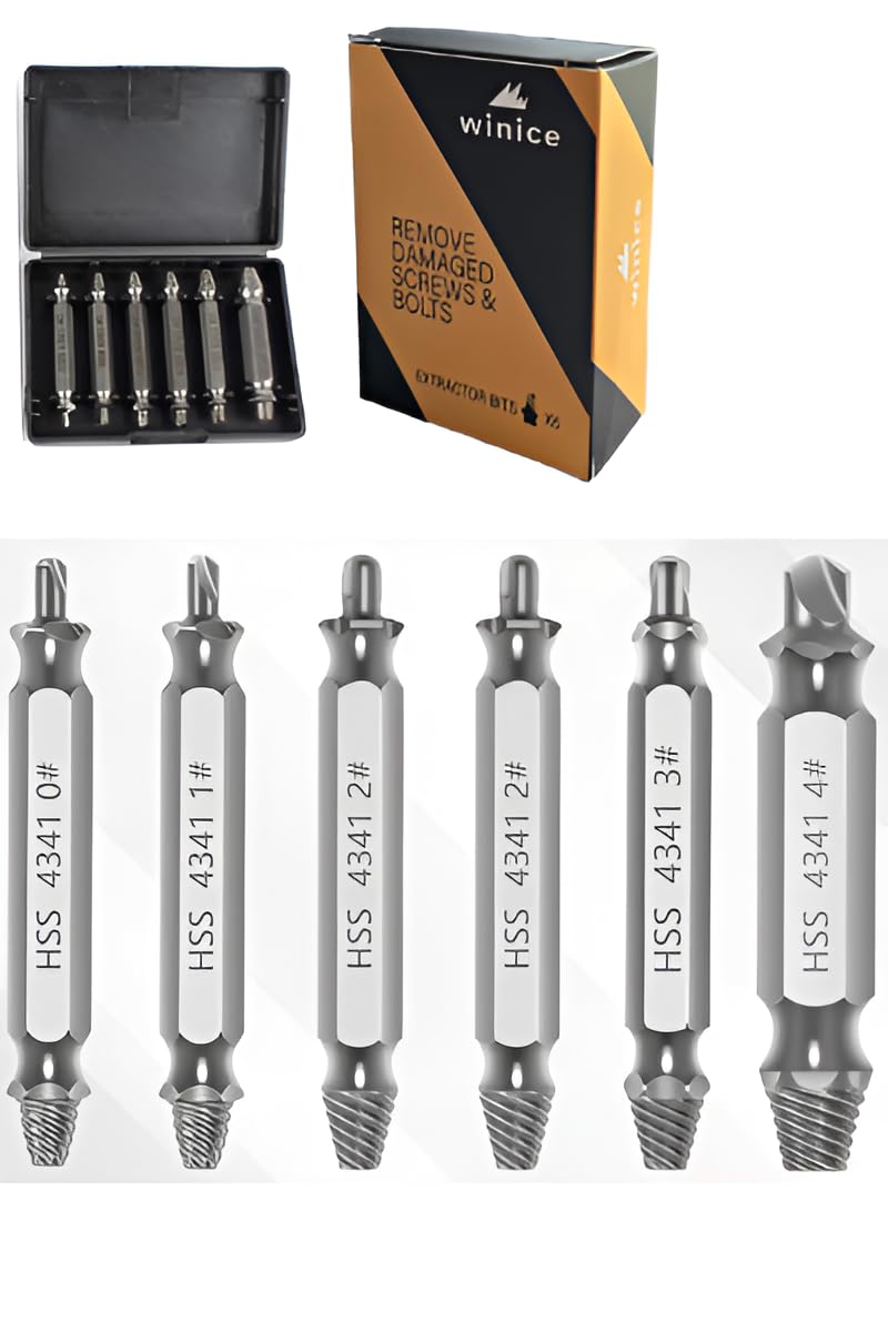 WINICE Damaged Screw Extractor Set – 6 PCS Stripped Screw Remover Kit | High Speed Steel Drill Bits for Broken, Rusted, or Stripped Screws, Bolts & Nuts | Easy Removal Tool (HSS)