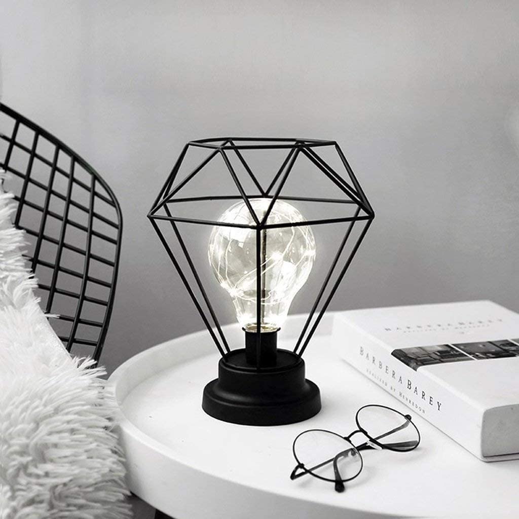 YUANZ Diamond Table Lamp, Metal Table Lamp, Battery Operated Diamond Shape Bedside Lamp, Floor Lamp (Black)
