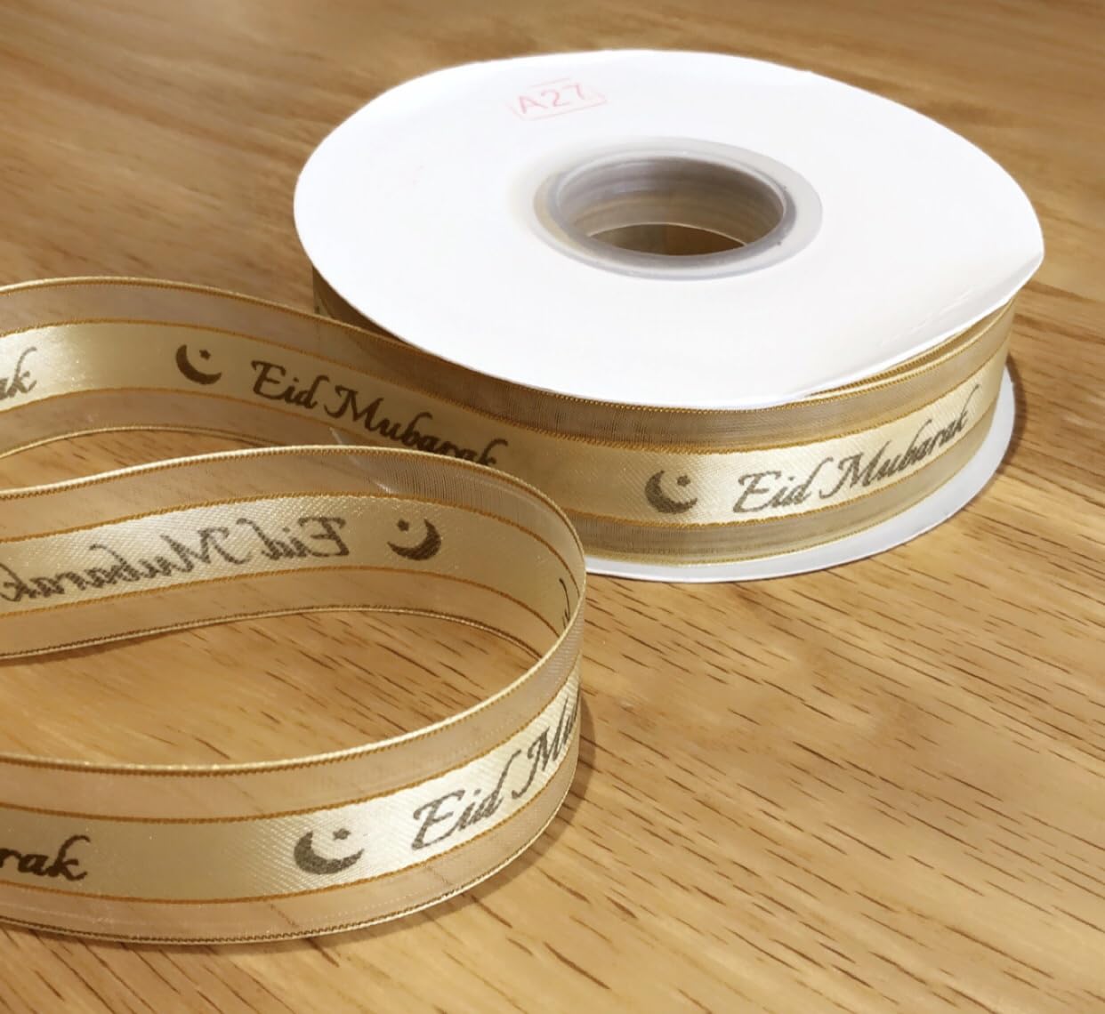 5M Eid Mubarak Ribbon, Gold, Organza, Gifts, Presents, Hampers, Gift Wrapping, Bow Making, Decorations. (Gold)