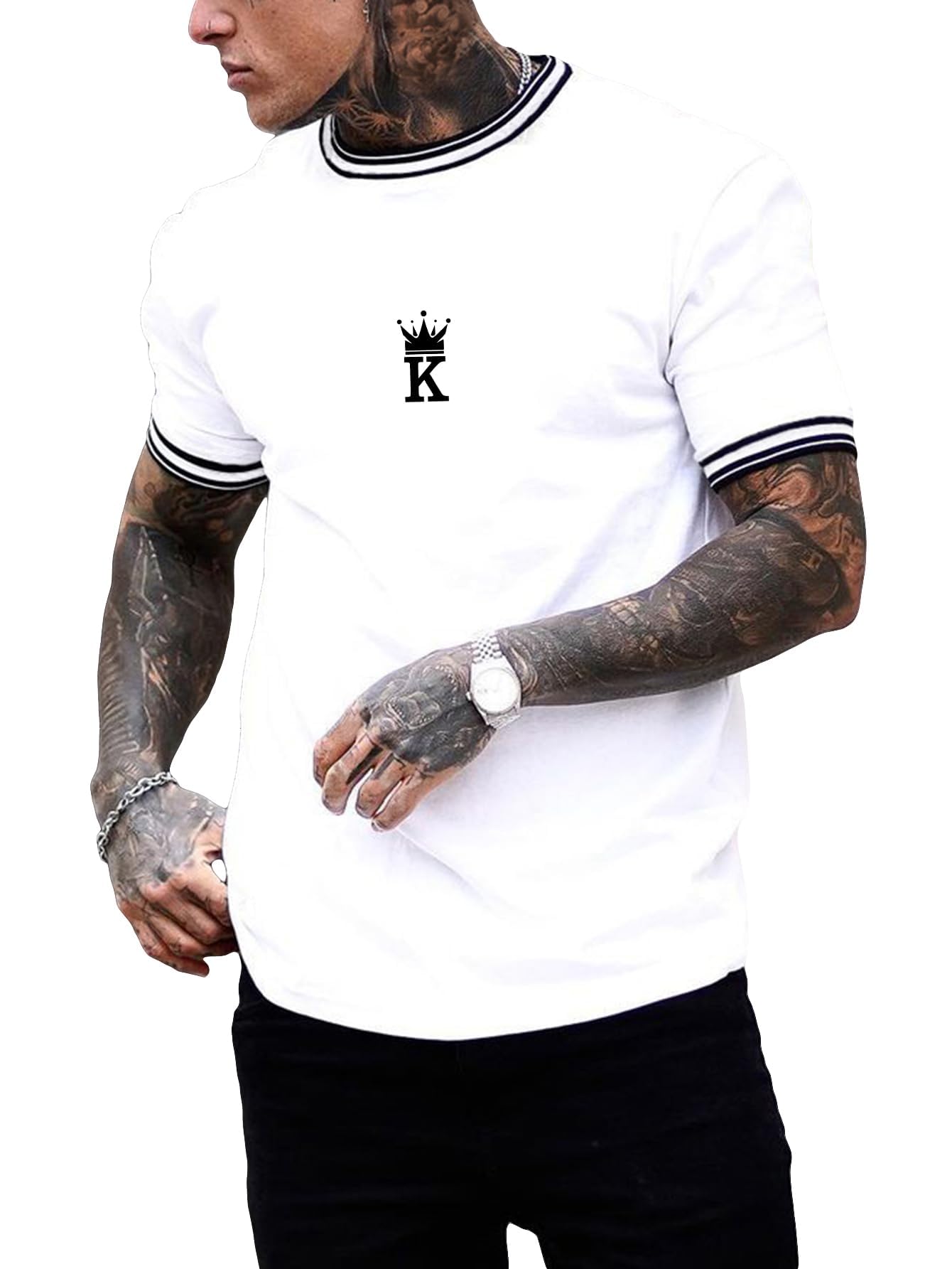 SOLY HUX Men's Crown Letter Print Striped Trim Tee Tops Short Sleeve Crew Neck Summer T Shirt